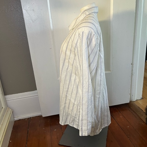 Hester & Orchard Linen Striped Button-Up Shirt 3/4 Sleeve Off White/Navy XL - Picture 3 of 10